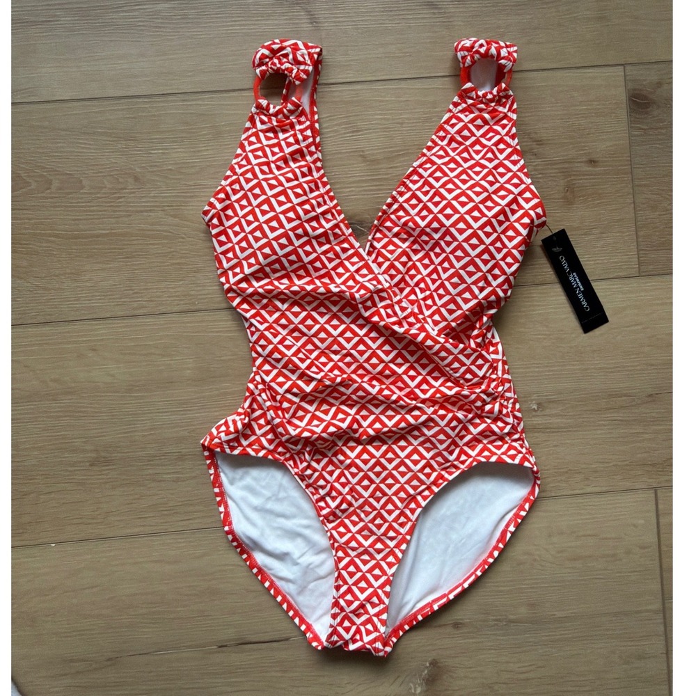 Carmen Marc Valvo One Piece Swimsuit Orange v neck Geometric Ring Size 10